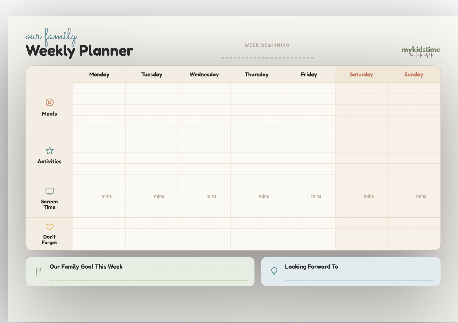 Family planner printable on a table